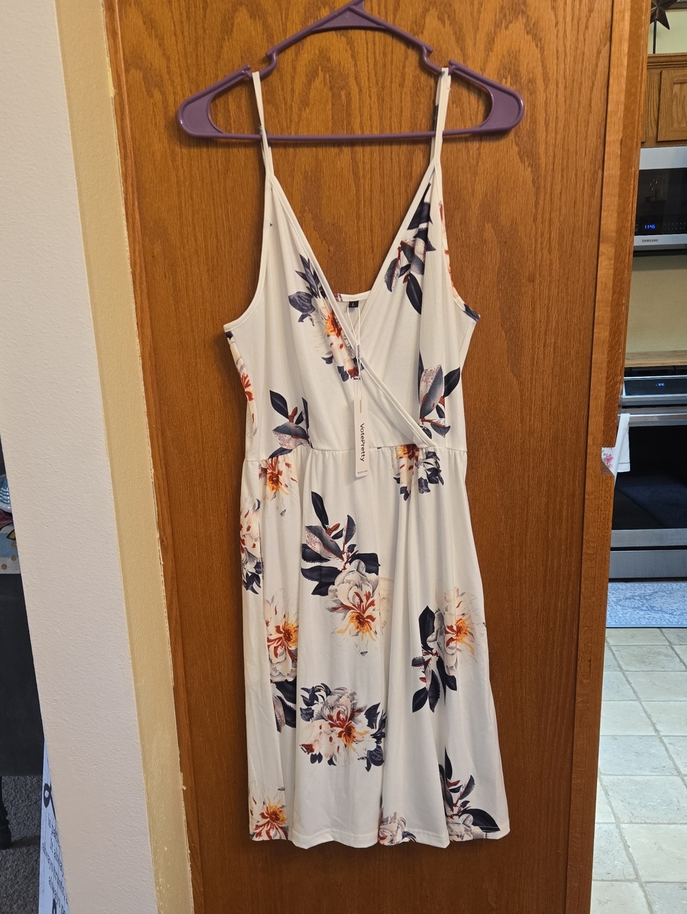VotePretty White Midi Dress with Navy and Orange Floral Pattern, With Side Pocke